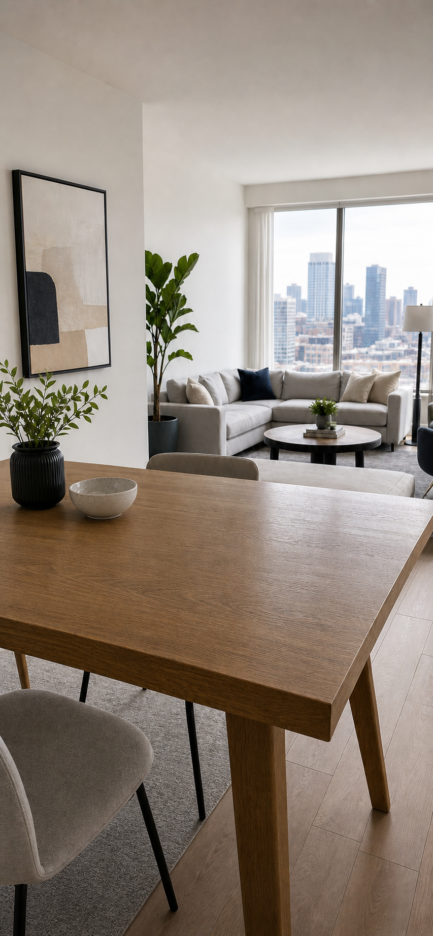 A bright living room with a dining table ready to measure