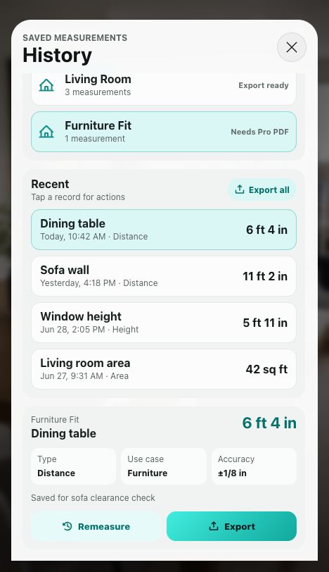 MeasurePro project history with saved furniture, wall, height, and room area measurements